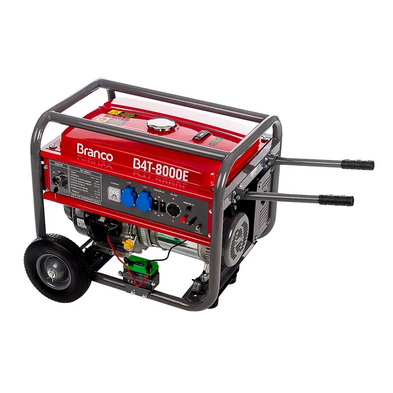 Gerador de energia a gasolina da Branco, vermelho, com rodas e alça, em fundo branco